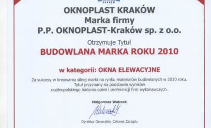 Tytuł "Budowlana Marka Roku 2010" dla firmy Oknoplast
