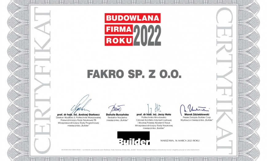 FAKRO Budowlaną Firmą Roku 2022